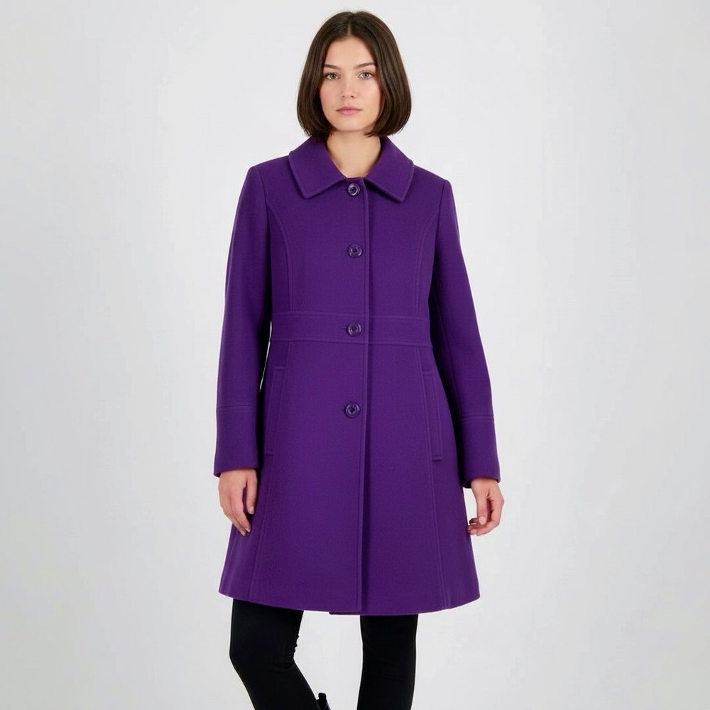 Larry Levine Women's L aubergine Wool Blend Pea Coat Fitted  Statement Retro 90s